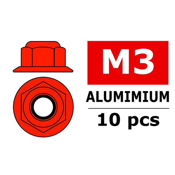 TEAM CORALLY ALUMINIUM NYLSTO P NUT M3 FLANGED RED 10 PC