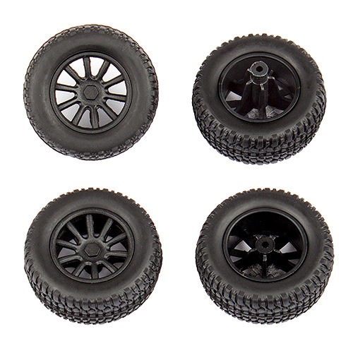 Team Associated SC28 Front and Rear Wheels and Tires, mounted