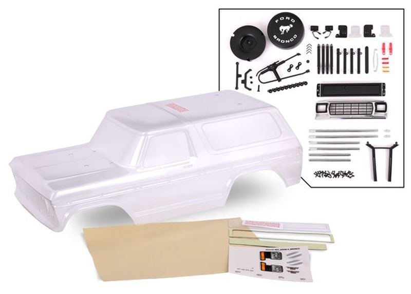 Carrozzeria Ford Bronco 1979 trasparente, tagliata, forata con accessori e decals