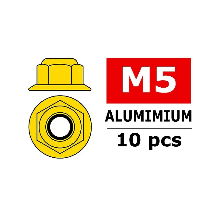 CORALLY ALUMINIUM NYLSTOP NUT M5 FLANGED GOLD 10 PCS - (C-31140)