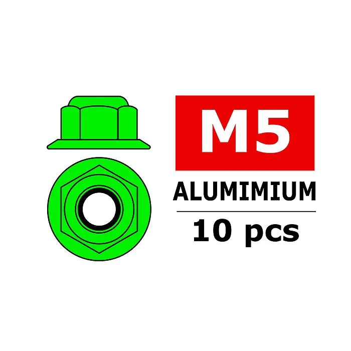 CORALLY ALUMINIUM NYLSTOP NUT M5 FLANGED GREEN 10 PCS - (C-31141)