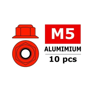 CORALLY ALUMINIUM NYLSTOP NUT M5 FLANGED RED 10 PCS - (C-31145)
