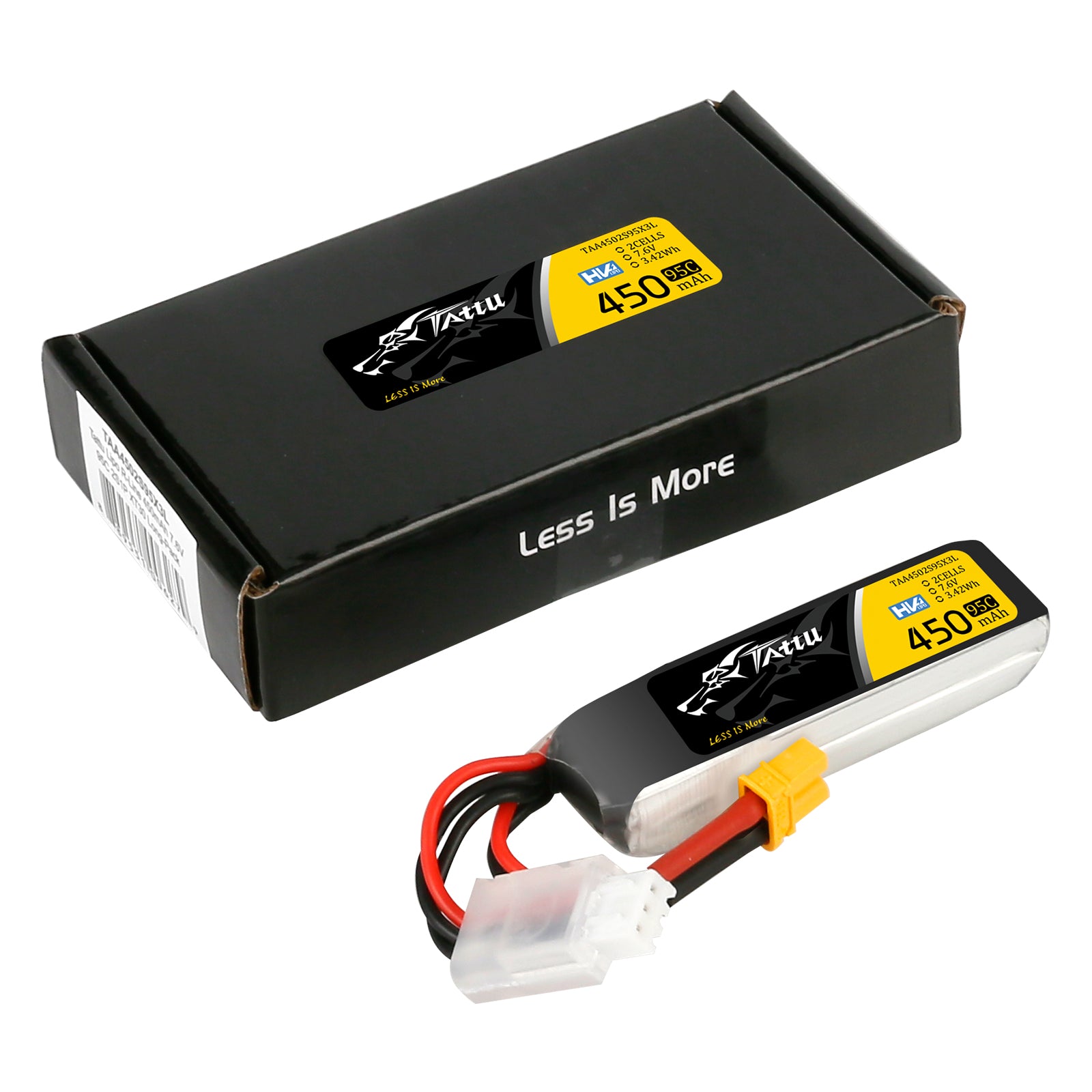 Tattu 2s 450mAh 95C 7.6V HV Lipo Battery with XT30 Long-pack - 2 Celle