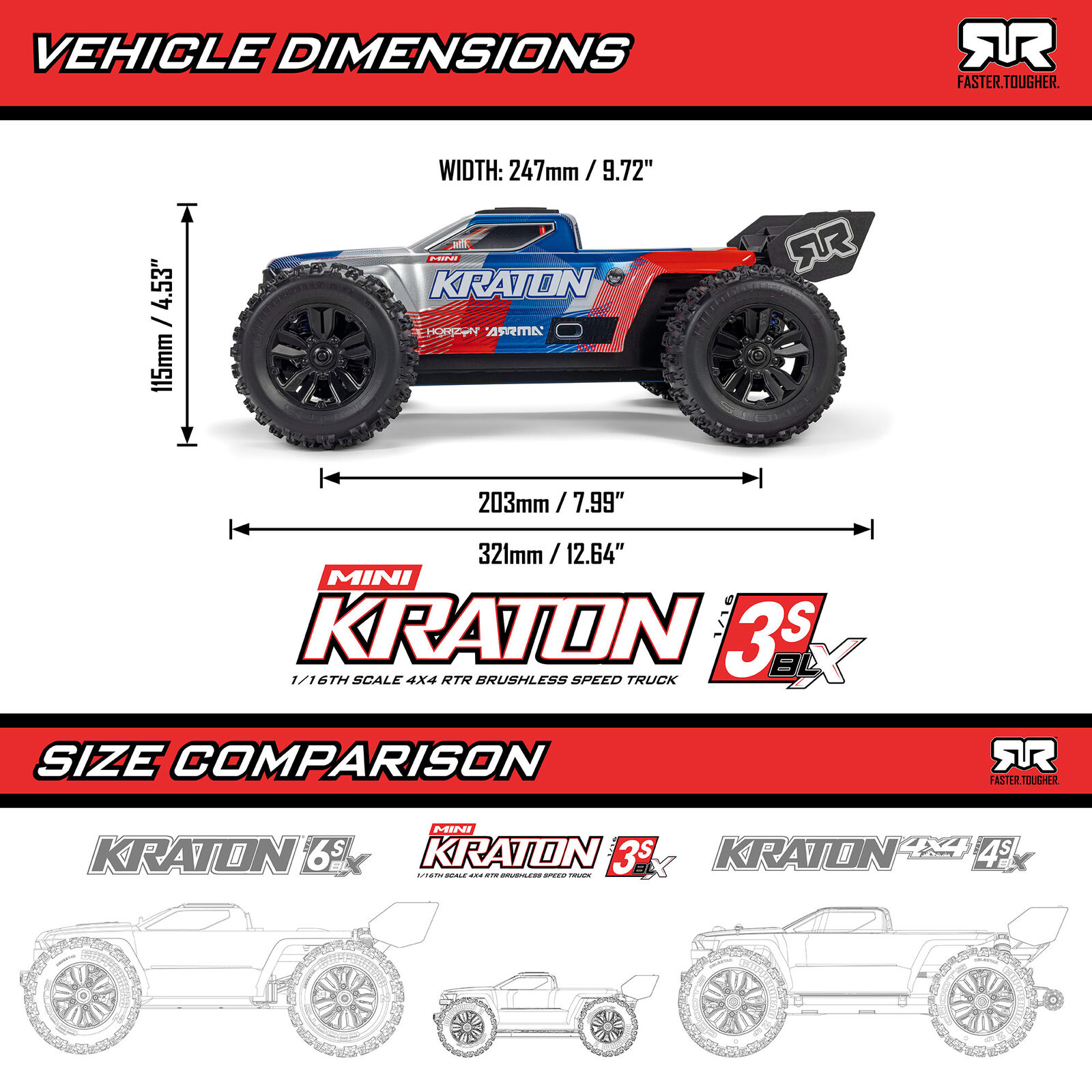 1/16 MINI KRATON 3S DSC 4X4 RTR Brushless Speed Truck (con batteria e caricabatterie), Red/Blue - immagine 8