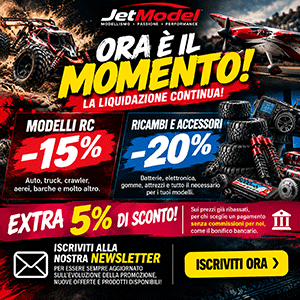 Liquidazione JetModel: modelli radiocomandati scontati del 15% e ricambi e accessori al 20%. Extra 5% con pagamenti senza commissioni.